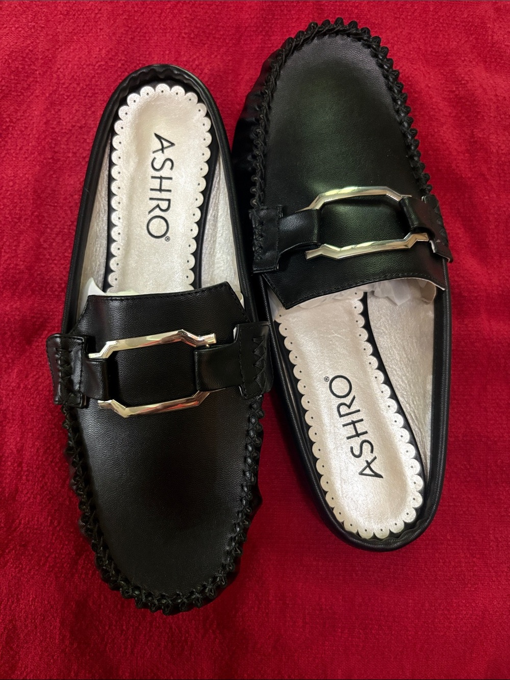 Ashro Black Slip-On Loafers Mules with Silver Accent 9W